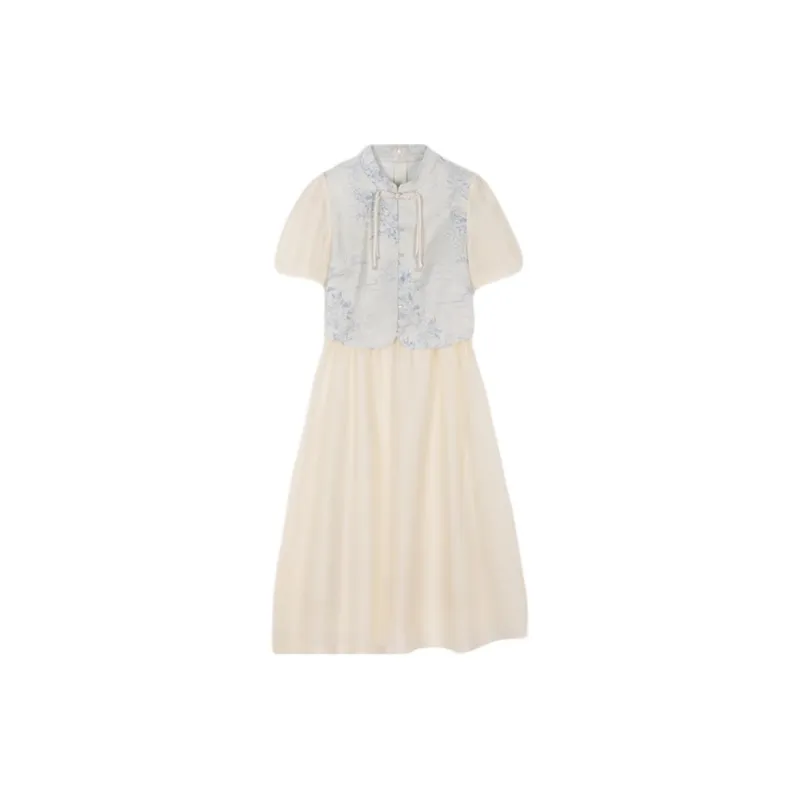 Mo Han Yi Mei SS24 Short Sleeved Dress Women's Blue With Light Beige-1