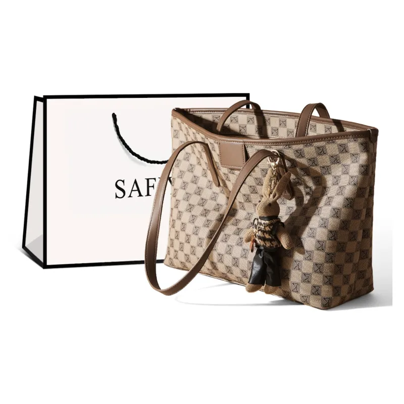 Safiya PVC Synthetic Leather Tote Bag Shopping Bag Shoulder Bag Handbag Large Size Women's Khaki-0