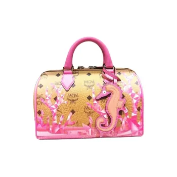 MCM Classic Pattern Artificial Leather Boston Bag, Shoulder Bag, Crossbody Bag, Handbag Small Size Women's Pink