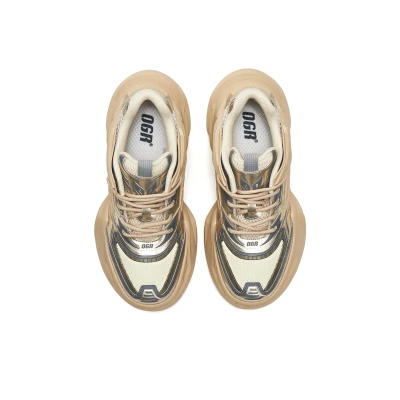 OGR Broken Wind To The Fore Cushioned Wear-Resistant Breathable Low-Top Chunky Sneakers Unisex Champagne Gold-2