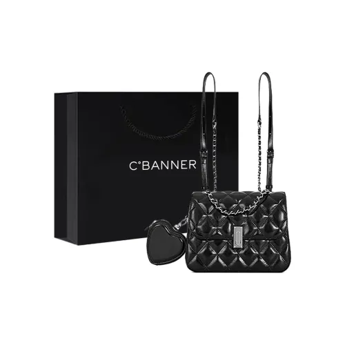 C°BANNER Synthetic Leather Shoulder Bag With Diamond Pattern Chain Backrest Medium Size Women's Black