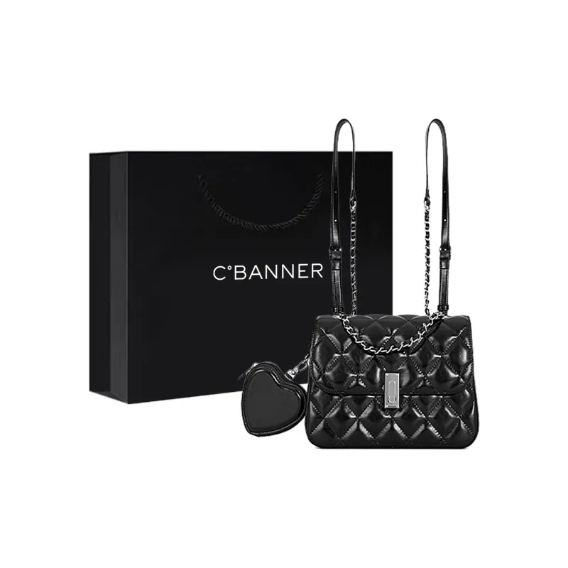C°BANNER Synthetic Leather Shoulder Bag With Diamond Pattern Chain Backrest Medium Size Women's Black-0