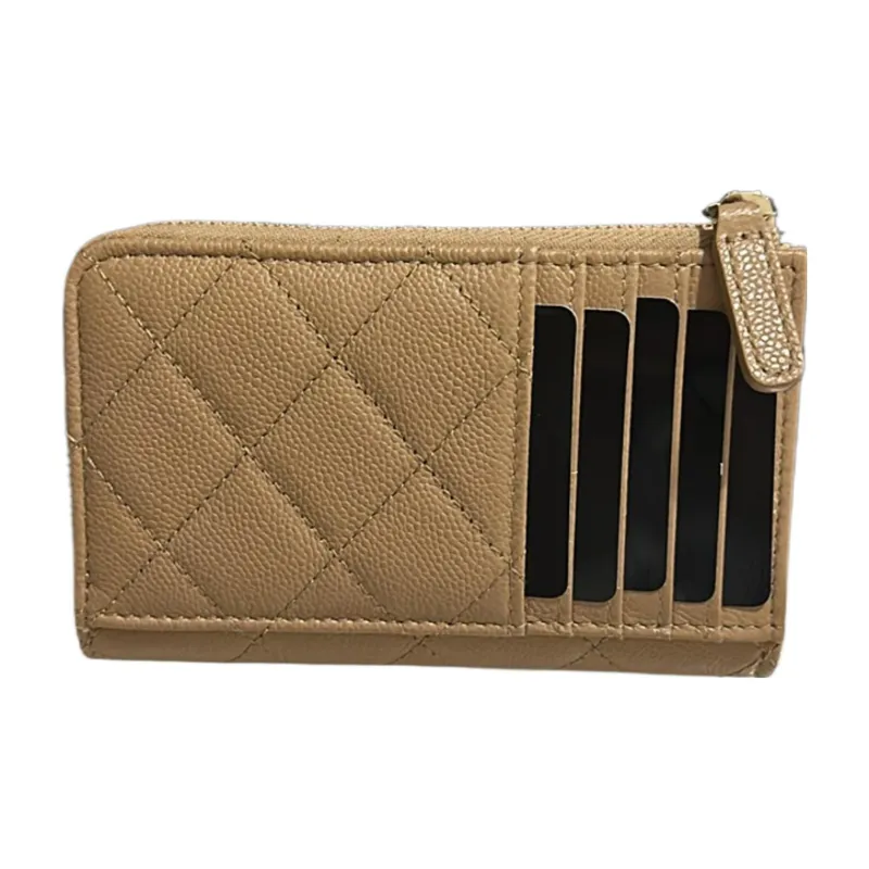 CHANEL Grain Litchi Grain Cow Leather Card Holder Women's Beige-1
