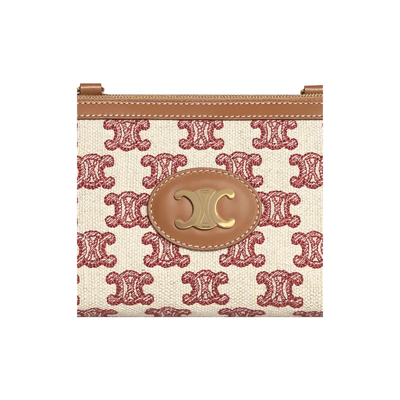 CELINE Triomphe Embroidered Fabric Cow Leather Binding Chain Bag Shoulder Bag Crossbody Bag Women's Red Fox-4