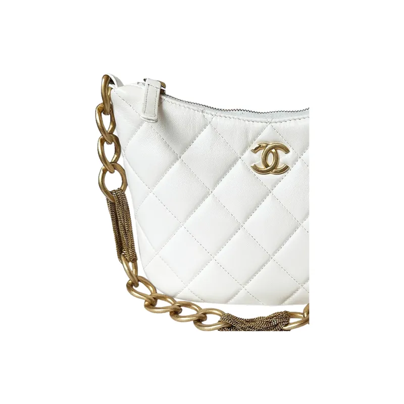 CHANEL Sheepskin Hobo Shoulder Bag Women's White-3