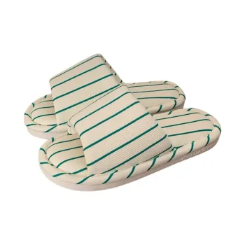 Thin Strips Cotton Linen Blend Slippers Women's, White Green