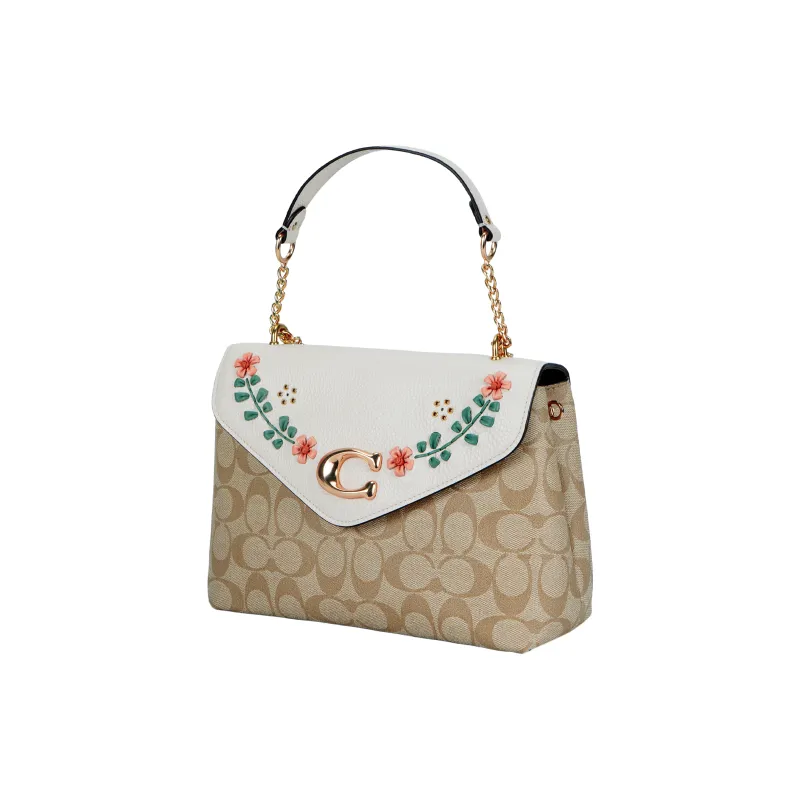 COACH Tammie Canvas With Leather And Precise Pebbled Leather Shoulder Bag Crossbody Bag Large Size Women's Khaki White-1