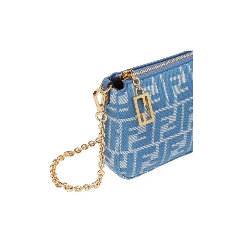 FENDI Baguette Cotton With Calfskin Clutch Women's Blue-5