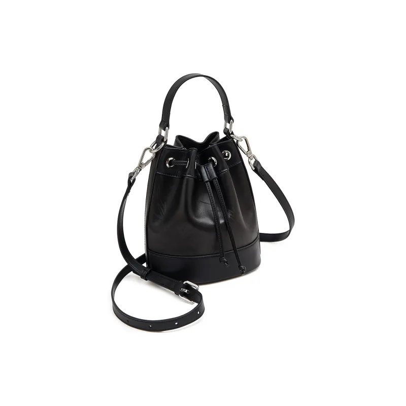Old Man's Head Top Grain Cow Leather One Shoulder Bucket Bag Crossbody Handbag Women's Silver/Black-9