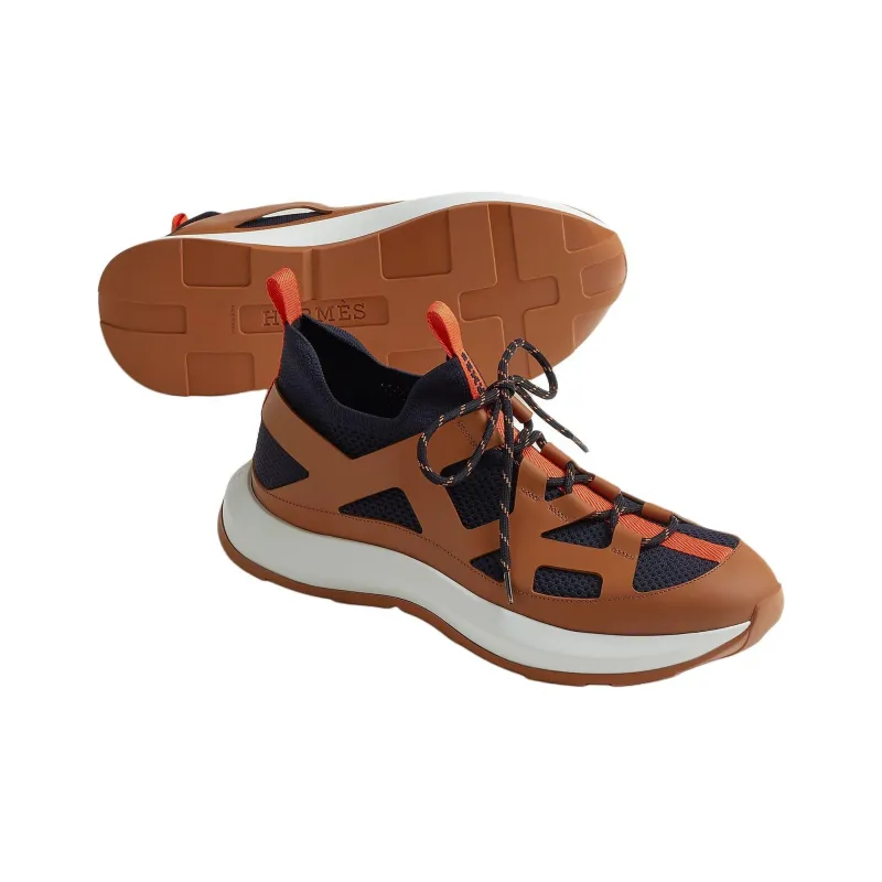HERMES Katana Low Top Casual Shoes Men's Orange Brown-3