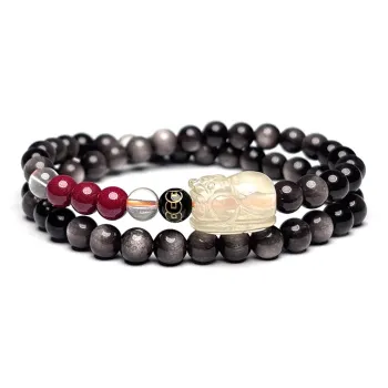 MOUNTAINS AND MANS Obsidian Double Wrap Layering Good Luck Beaded Bracelet Unisex