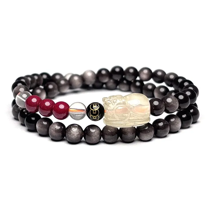 MOUNTAINS AND MANS Obsidian Double Wrap Layering Good Luck Beaded Bracelet Unisex-0