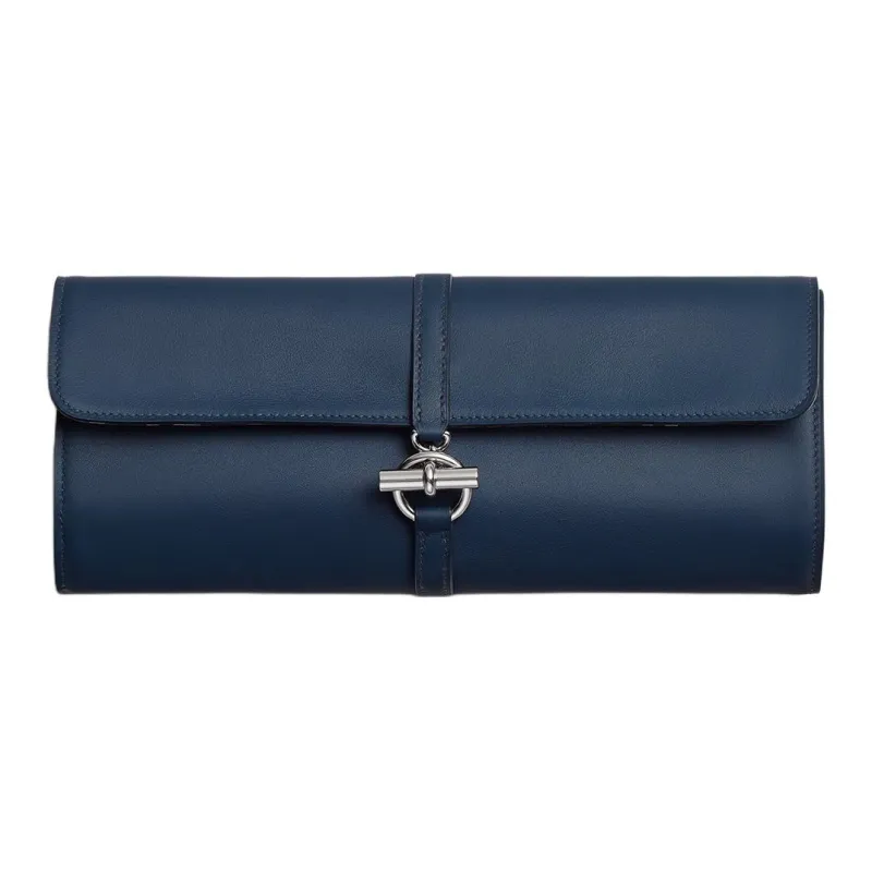 HERMES Glenan H High Technology Silk With Swift Calfskin Clutch Unisex Navy-0