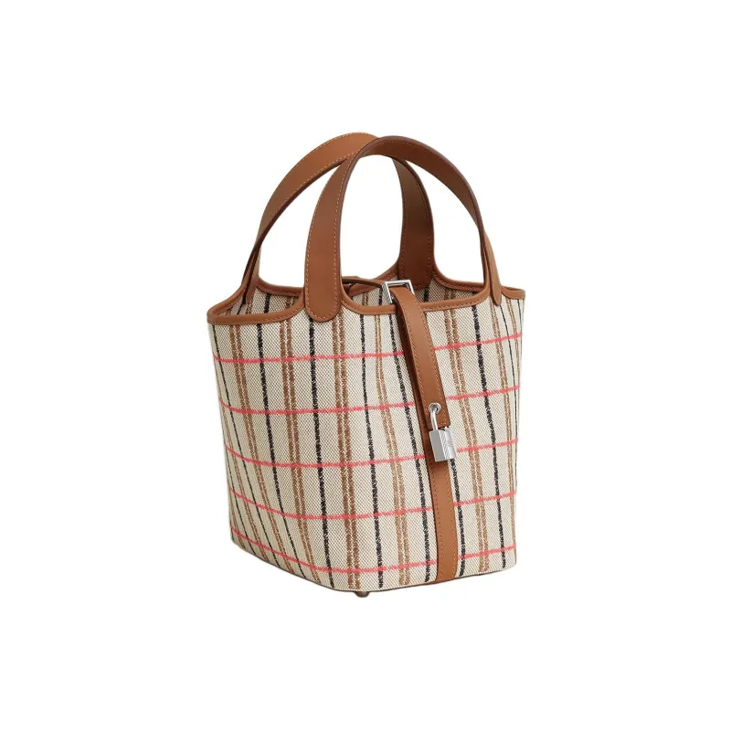 HERMES Picotin Lock Calfskin With Canvas Bag Basket Bag Handbag Women's Beige & Multicolor-1