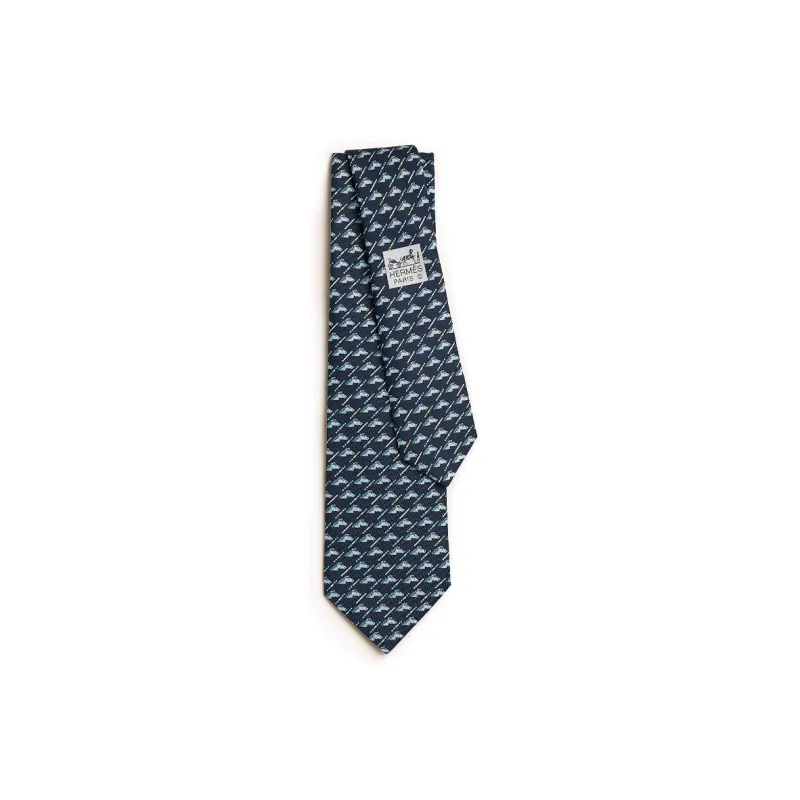 HERMES Mulberry Silk Ties Men's Marine Blue-0