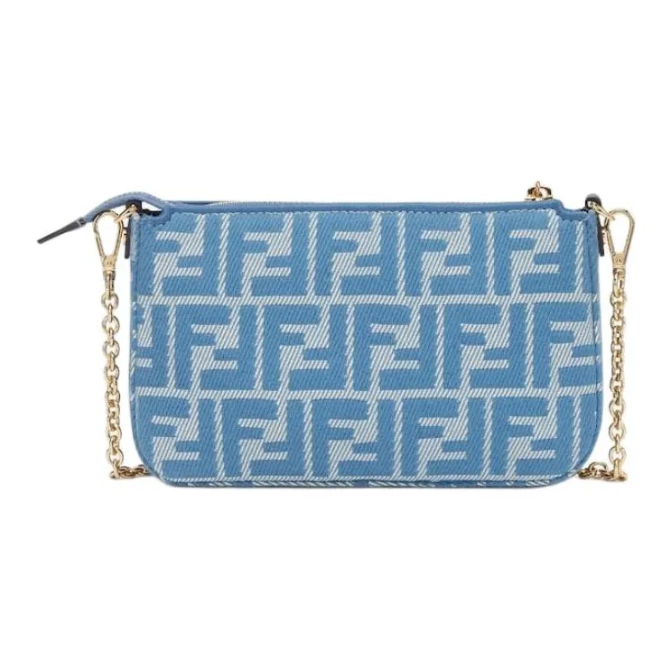 FENDI Baguette Cotton With Calfskin Clutch Women's Blue-3