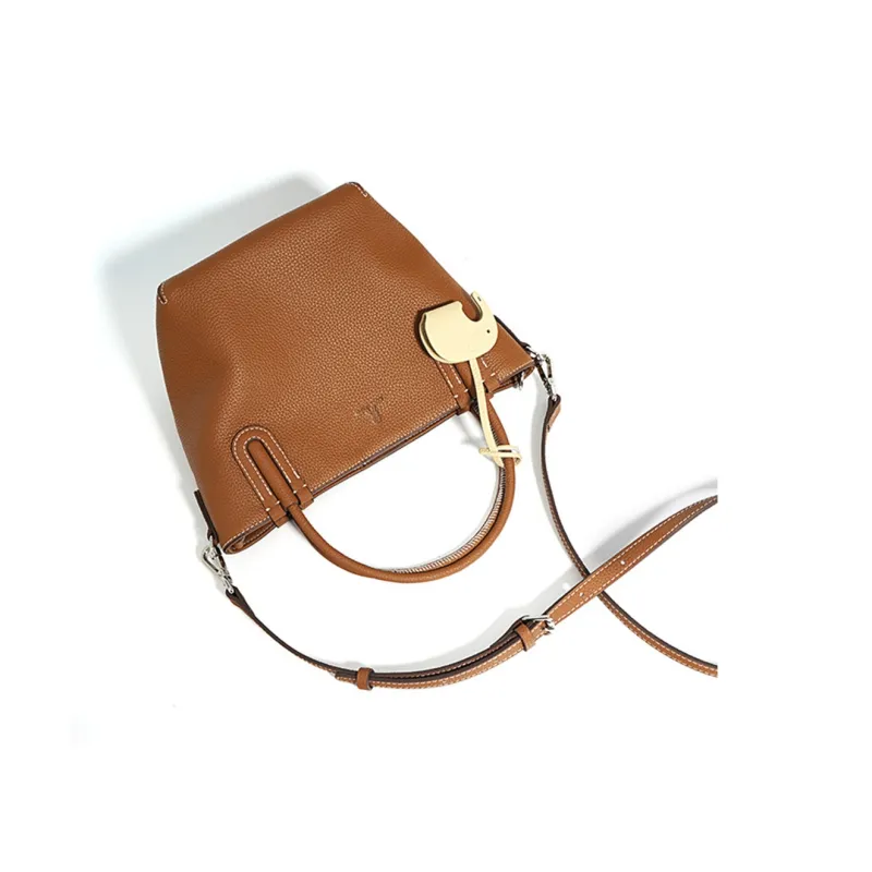 ROBERTA DI CAMERINO Cow Leather Basket Bag, One Shoulder Handbag Women's Caramel Brown/Milk Apricot Gray-1