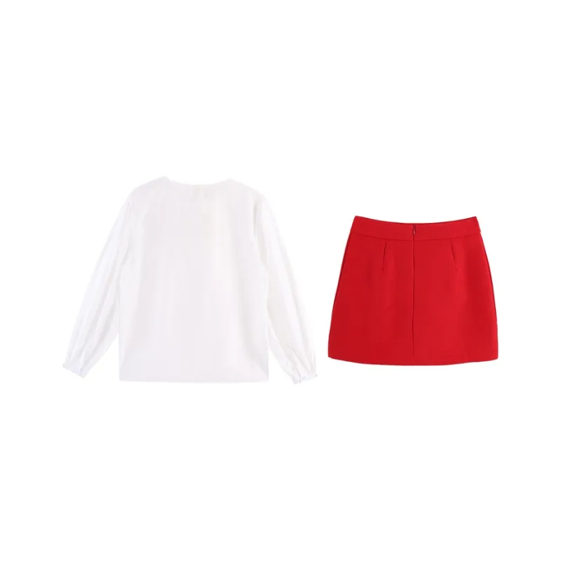 BVODE Skirt Set Women's White Shirt+Red Skirt-1