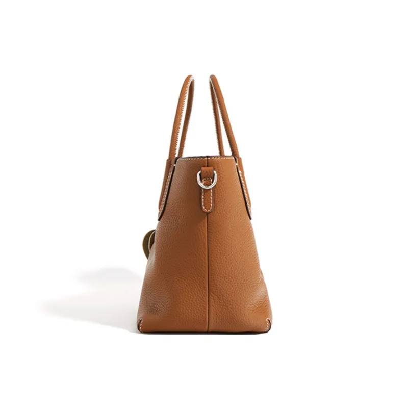 ROBERTA DI CAMERINO Cow Leather Basket Bag, One Shoulder Handbag Women's Caramel Brown/Milk Apricot Gray-5