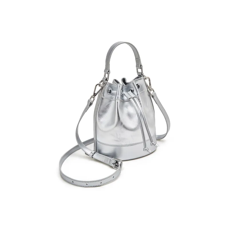 Old Man's Head Top Grain Cow Leather One Shoulder Bucket Bag Crossbody Handbag Women's Silver/Black-3