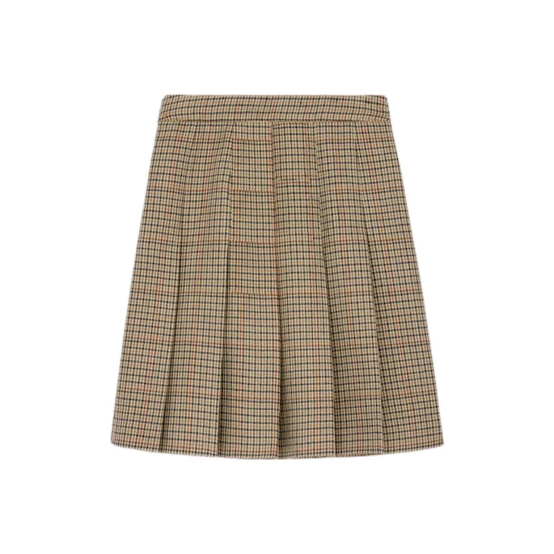 CELINE Pleated Skirt In Houndstooth Wool-1