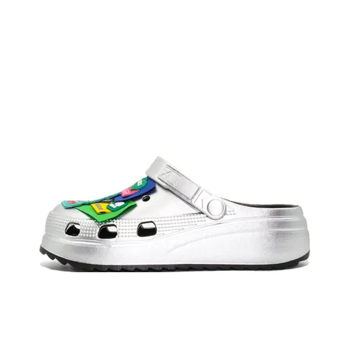 OUBT Cartoon Monster, Embroidery Clogs Unisex All Silver