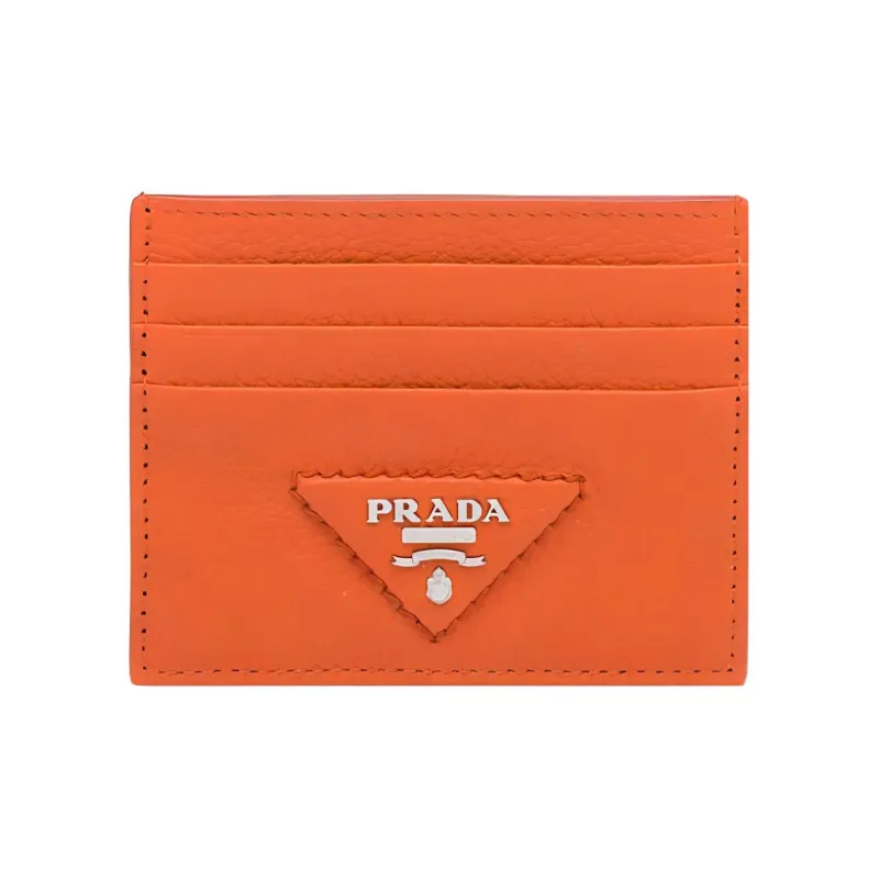 PRADA Leather Card Clip Card Holder Women's Orange-0