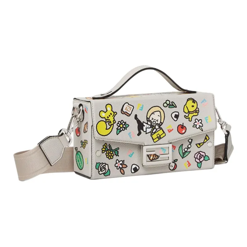 FENDI Baguette Calfskin One Shoulder Handbag Unisex Light Gray & Multicolor-1