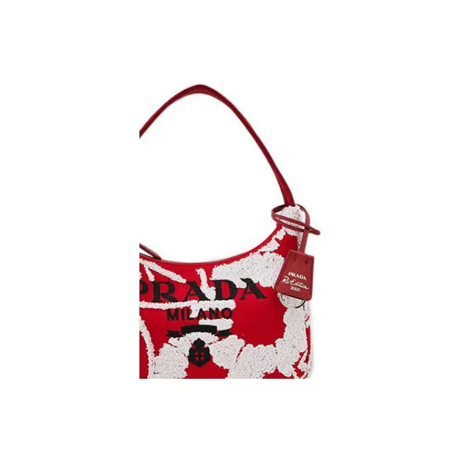 PRADA Re Edition Fabric Embroidery Detail Hobo Shoulder Bag Handbag Regular Women's Red-4