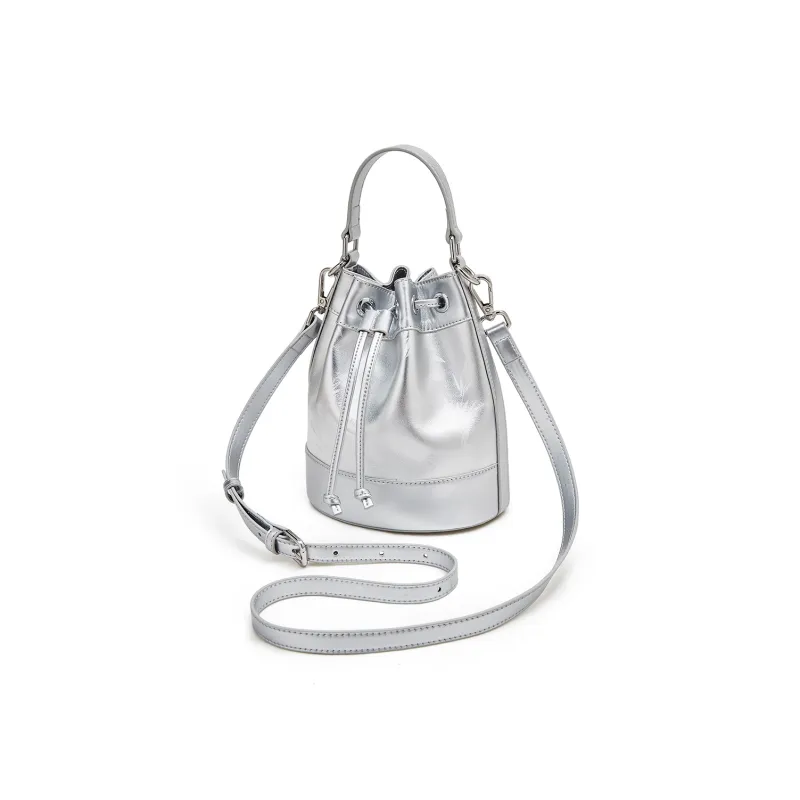 Old Man's Head Top Grain Cow Leather One Shoulder Bucket Bag Crossbody Handbag Women's Silver/Black-2