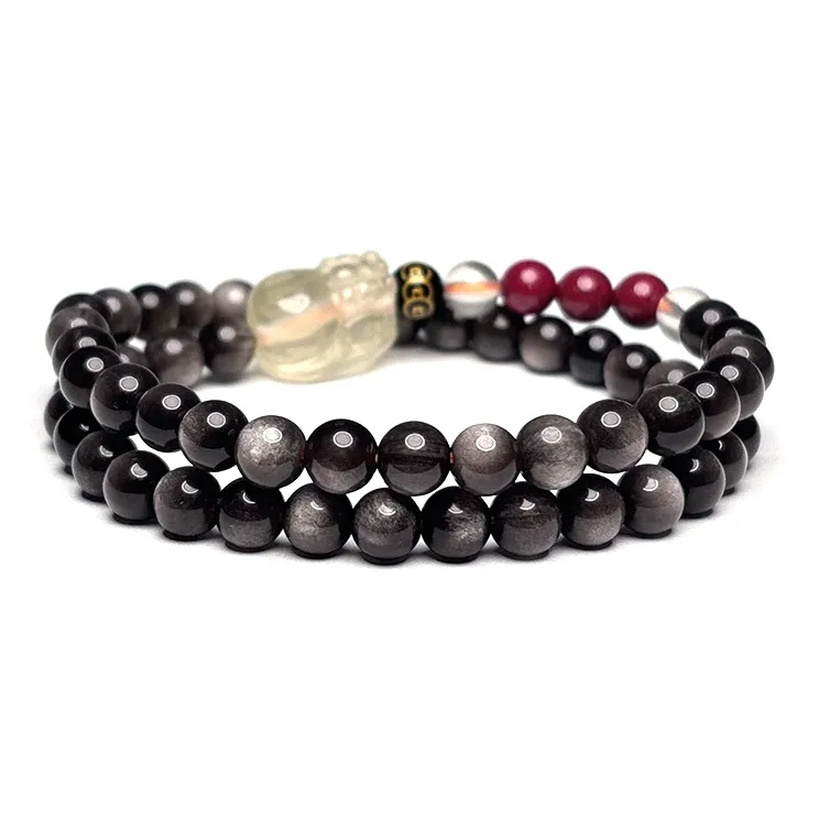 MOUNTAINS AND MANS Obsidian Double Wrap Layering Good Luck Beaded Bracelet Unisex-1