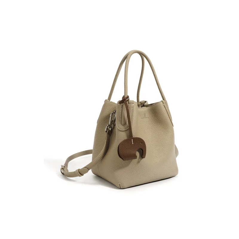 ROBERTA DI CAMERINO Cow Leather Basket Bag, One Shoulder Handbag Women's Caramel Brown/Milk Apricot Gray-10