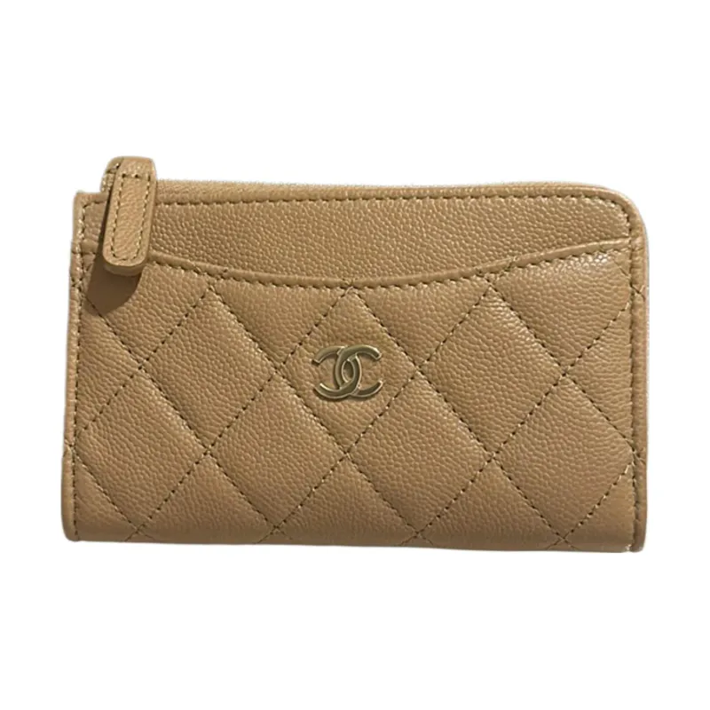 CHANEL Grain Litchi Grain Cow Leather Card Holder Women's Beige-0