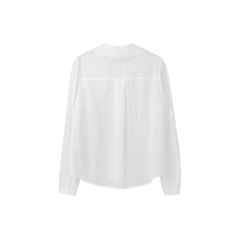 Fstudio Korean Minimalist Style Ruffle Collar Commute Versatile Long Sleeved Shirt Women's White-1