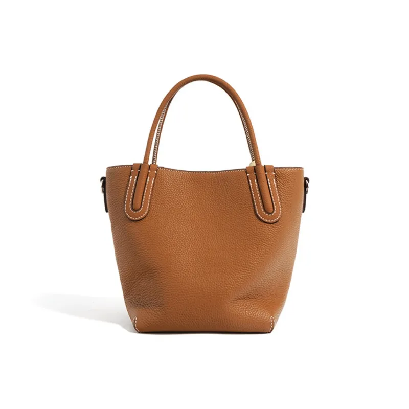 ROBERTA DI CAMERINO Cow Leather Basket Bag, One Shoulder Handbag Women's Caramel Brown/Milk Apricot Gray-2