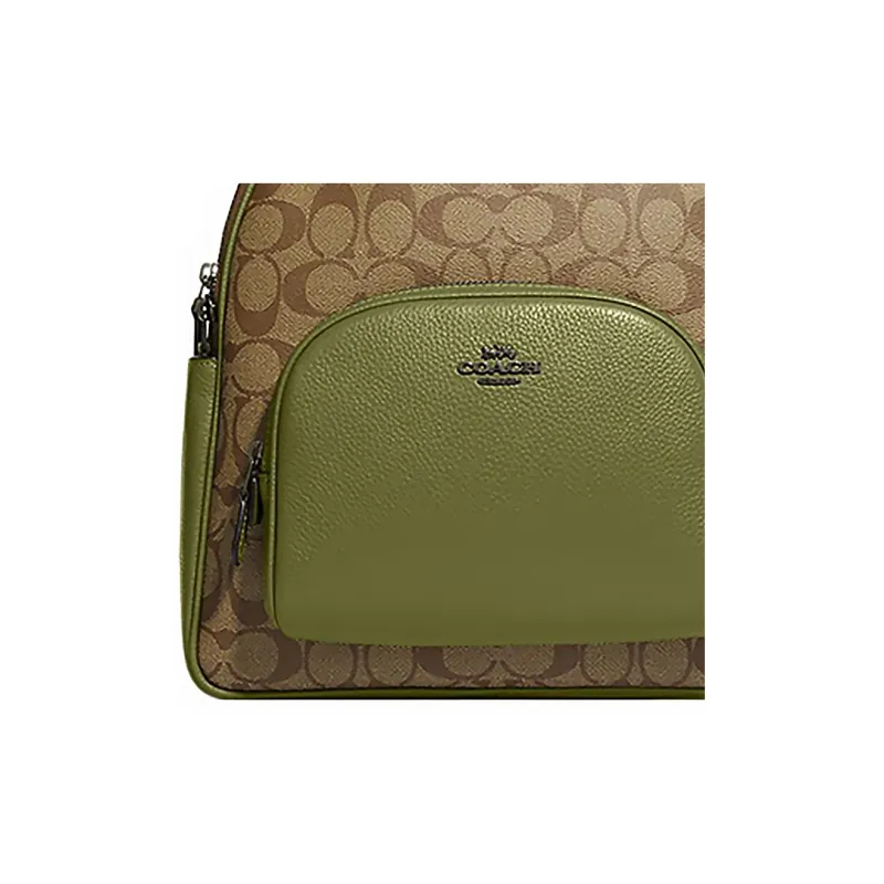COACH Court Canvas With Pebbled Leather Backpack Medium Size Women's Khaki & Olive Green-4
