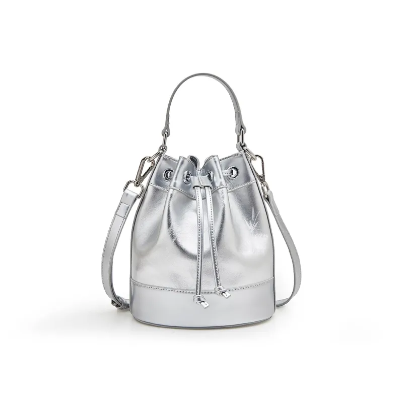 Old Man's Head Top Grain Cow Leather One Shoulder Bucket Bag Crossbody Handbag Women's Silver/Black-1