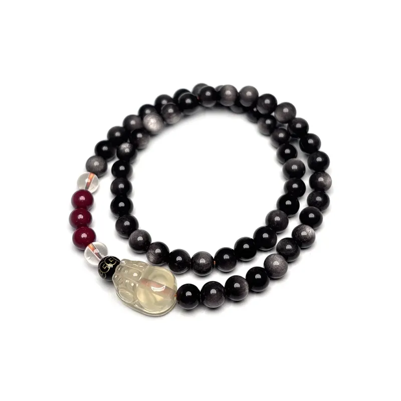 MOUNTAINS AND MANS Obsidian Double Wrap Layering Good Luck Beaded Bracelet Unisex-4