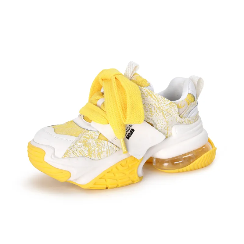 FAICCIA Embossed Air Cushion Shoe Low Top Chunky Sneakers Women's Yellow-2