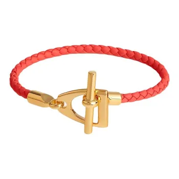 HERMES Calfskin Metal Gold Plated Wristbands Women's Red