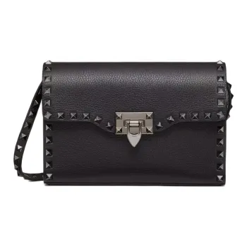 Valentino ROCKSTUD Cow Leather Shoulder Bag Trumpets Women's Black