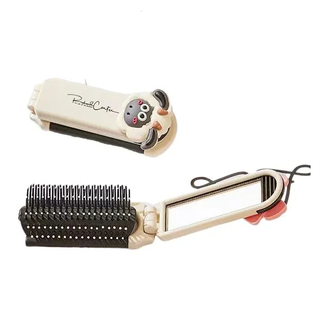 JOYTOUR Milk White Foldable Mini Comb With Mirror Portable And Compact Air Cushion Design Hairdressing Tool-3