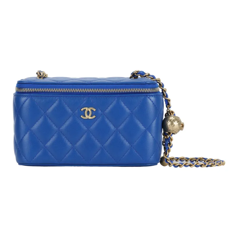 CHANEL Sheepskin Clutch, Long Box Bag, Shoulder Bag, Crossbody Bag Women's Blue-0