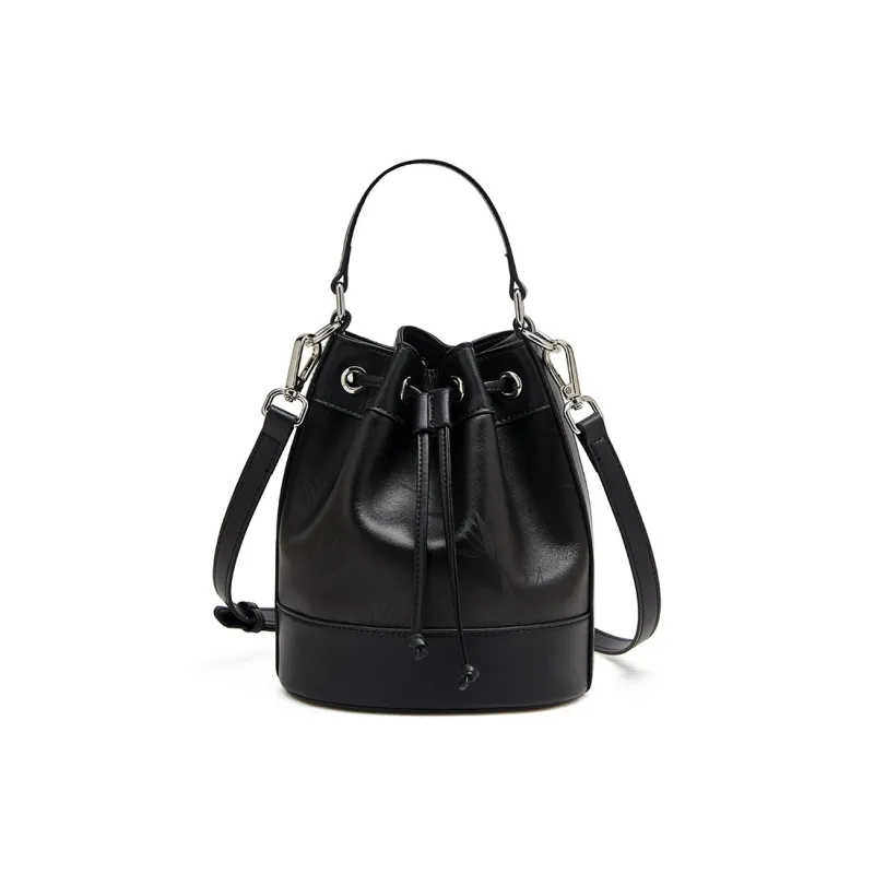 Old Man's Head Top Grain Cow Leather One Shoulder Bucket Bag Crossbody Handbag Women's Silver/Black-8