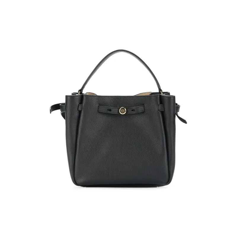 TORY BURCH Romy Bucket Litchi Grain Leather Bucket Bag, Shoulder Bag, Crossbody Bag, Handbag Small Size Women's Black-0