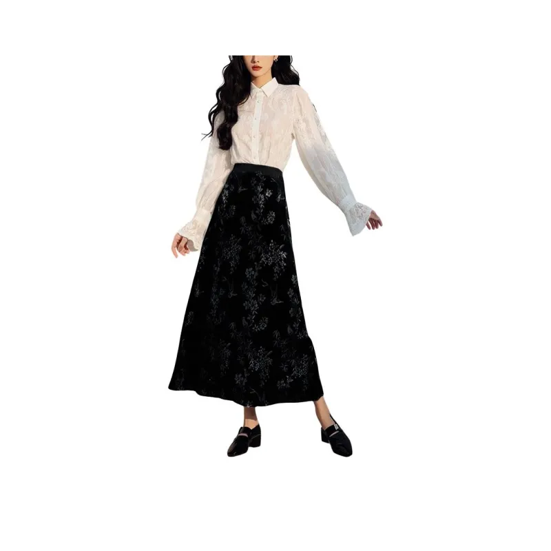 Late White Casual Long Skirts Women's Black-1