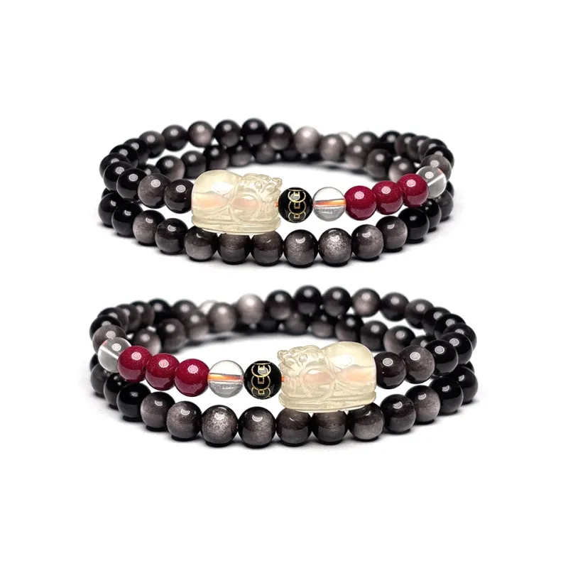 MOUNTAINS AND MANS Obsidian Double Wrap Layering Good Luck Beaded Bracelet Unisex-7