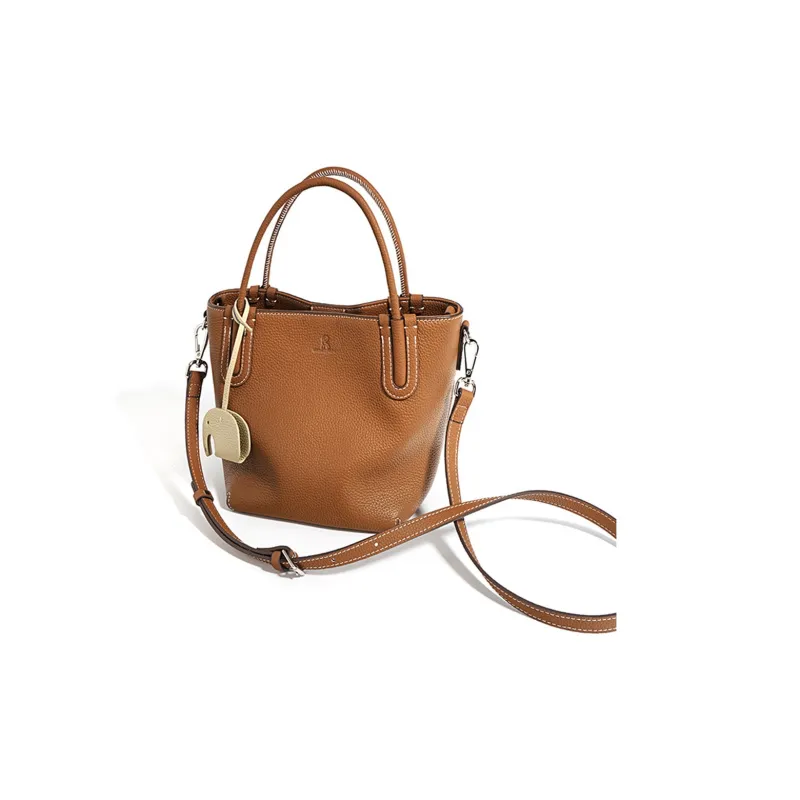 ROBERTA DI CAMERINO Cow Leather Basket Bag, One Shoulder Handbag Women's Caramel Brown/Milk Apricot Gray-0