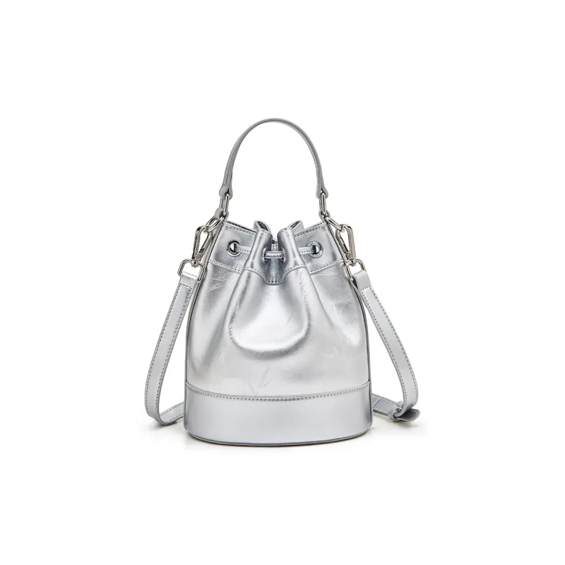 Old Man's Head Top Grain Cow Leather One Shoulder Bucket Bag Crossbody Handbag Women's Silver/Black-4