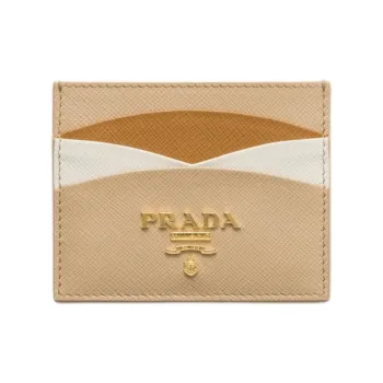 PRADA Saffiano Calfskin Card Holder Women's Sand With Caramel Candy